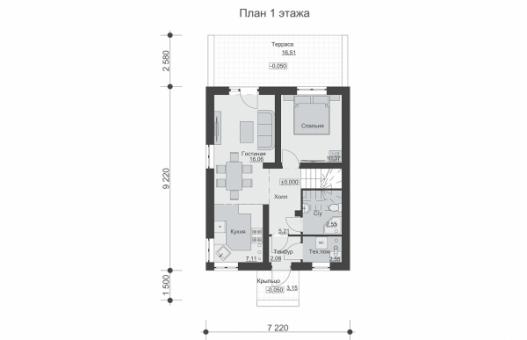 Одноэтажный дом с мансардой, террасой, тремя спальнями и отделкой листами АМК.